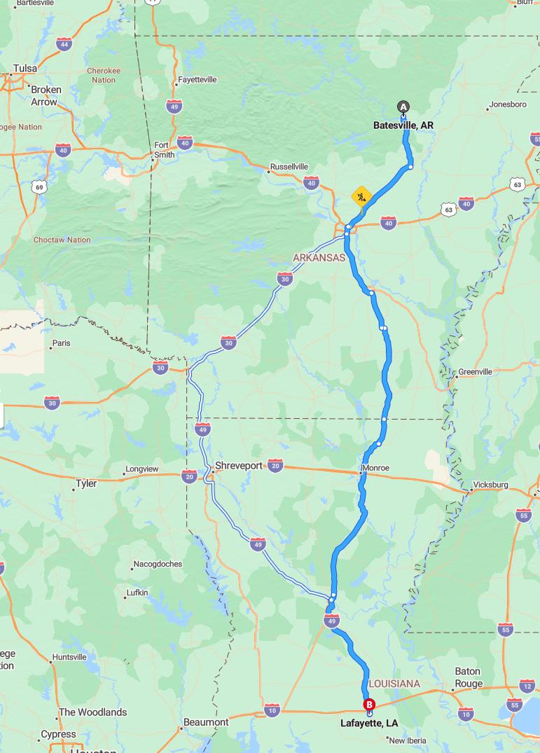 driving from Batesville, Arkansas to LafayetteLouisiana - map and route