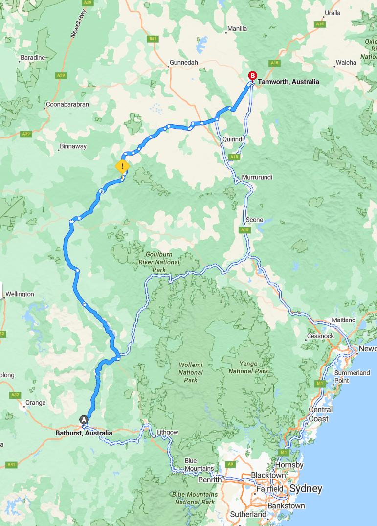driving from Bathurst, New South Wales to TamworthNew South Wales - map and route