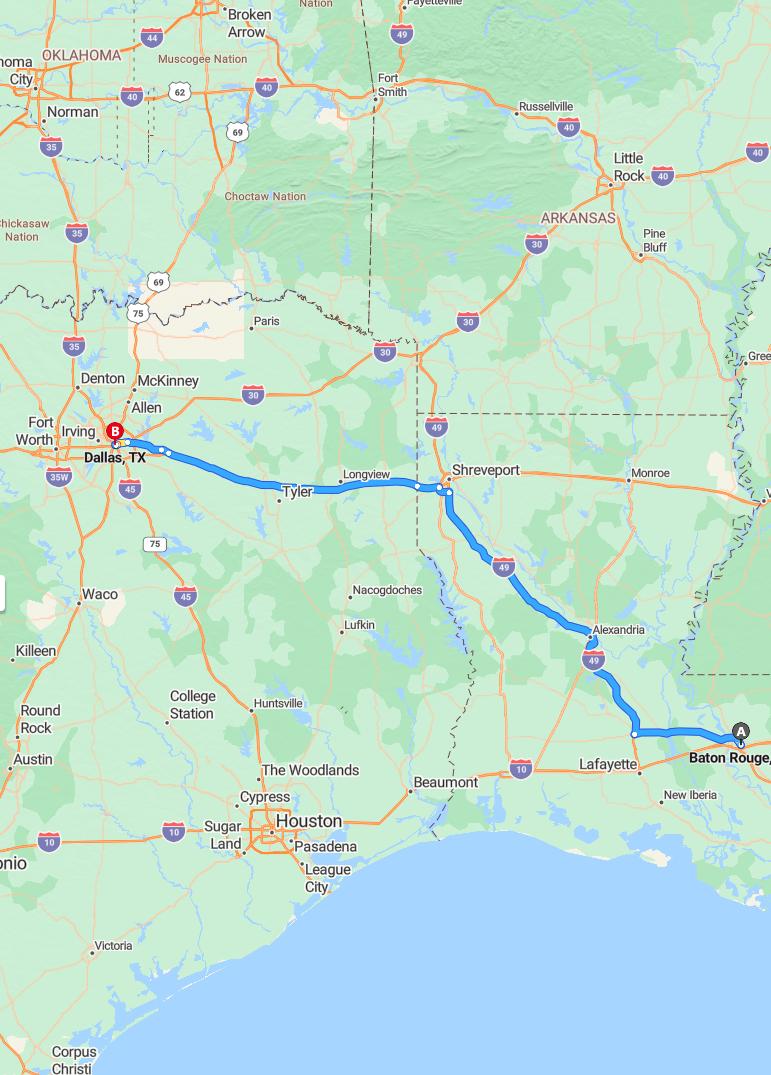 driving from Baton Rouge, Louisiana to DallasTexas - map and route