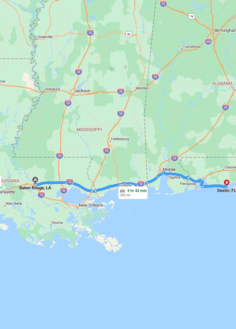driving from Baton Rouge, Louisiana to DestinFlorida - map and route