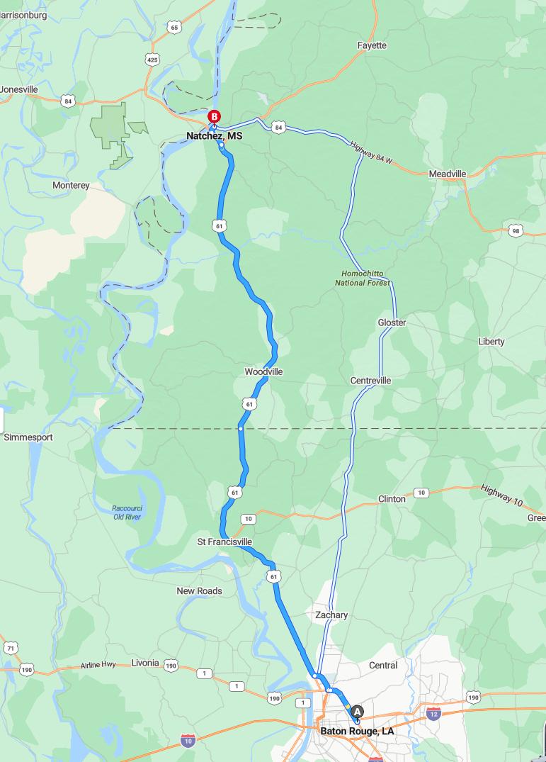 driving from Baton Rouge, Louisiana to NatchezMississippi - map and route