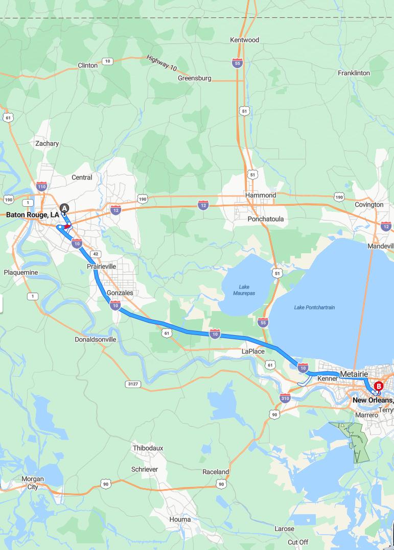 driving from Baton Rouge, Louisiana to New OrleansLouisiana - map and route