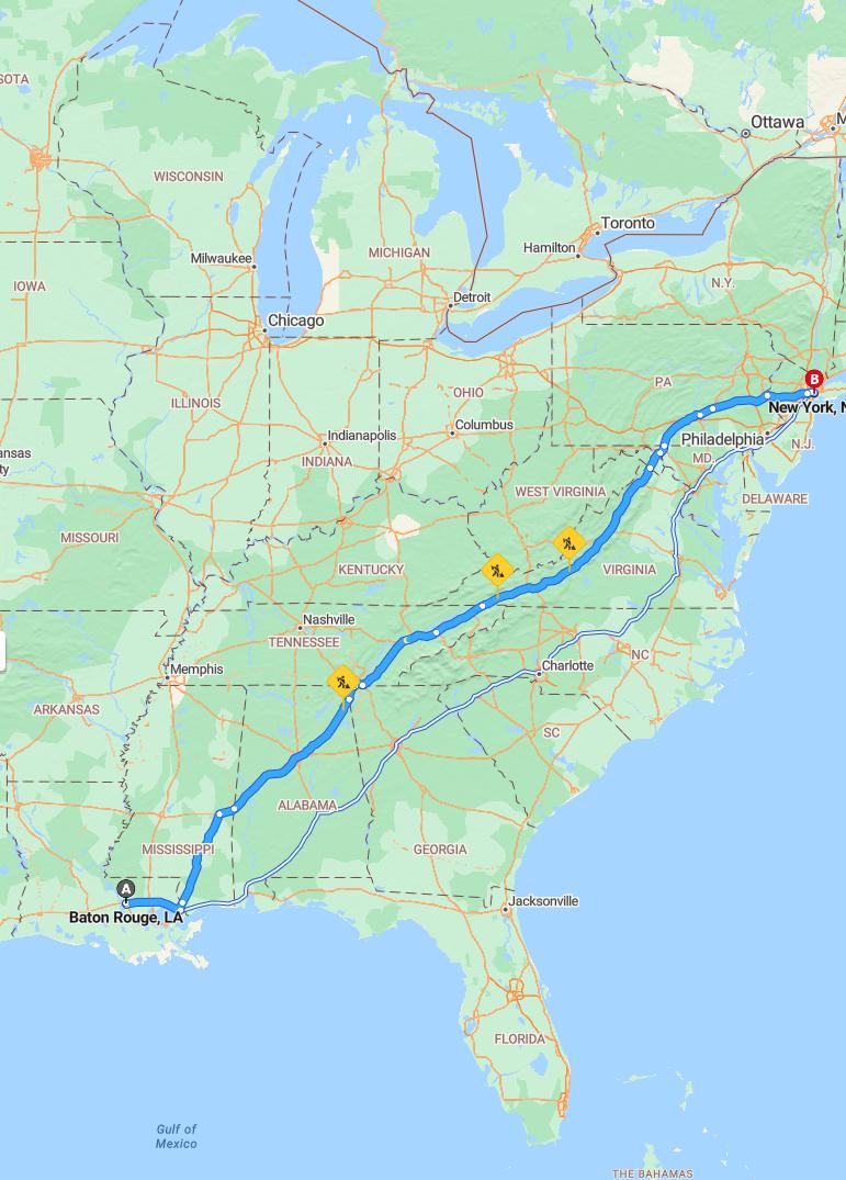 driving from Baton Rouge, Louisiana to New YorkNew York - map and route