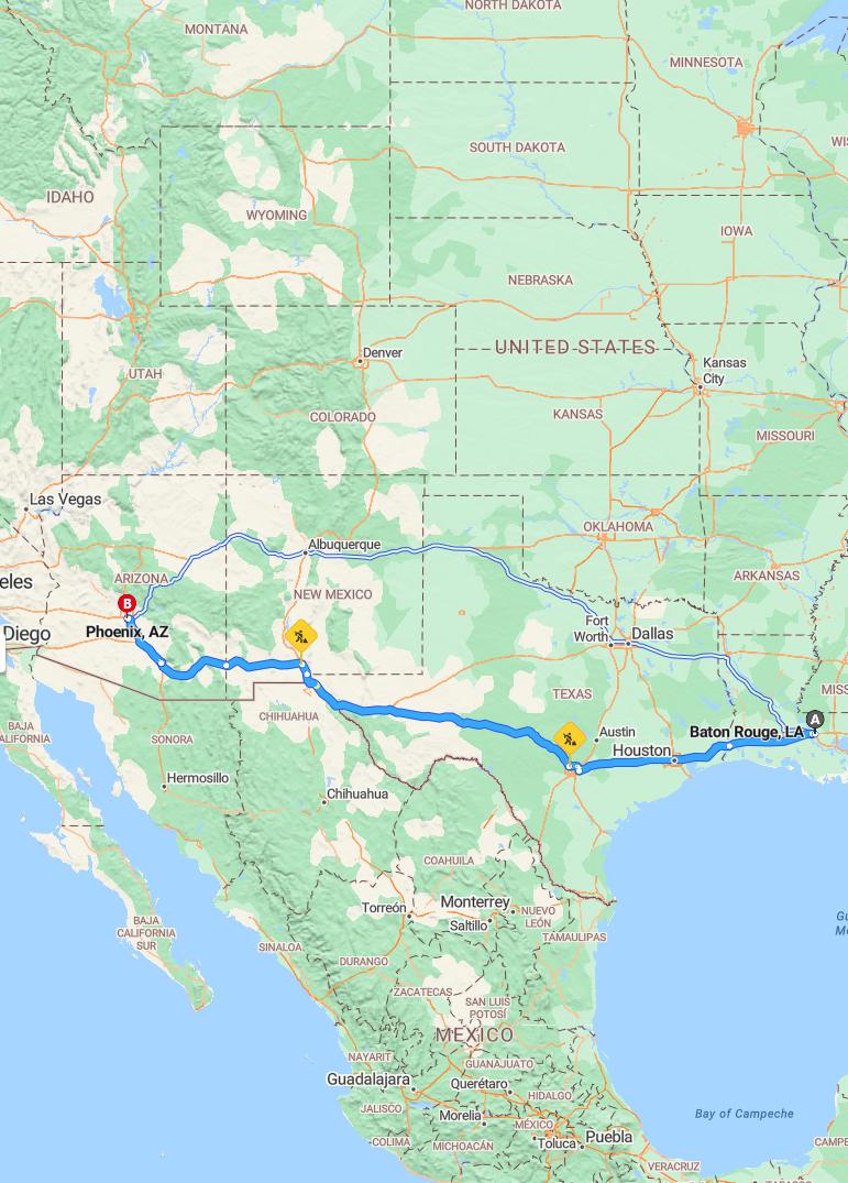 driving from Baton Rouge, Louisiana to PhoenixArizona - map and route