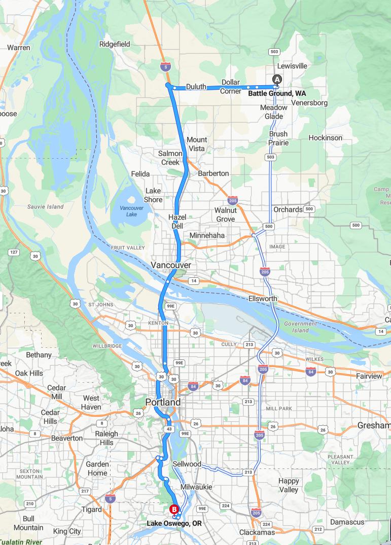 driving from Battleground, Washington to Lake OswegoOregon - map and route