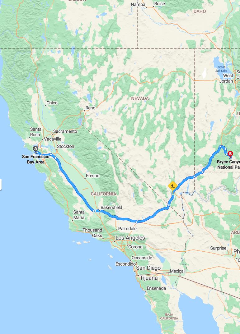 driving from Bay Area, California to Bryce CanyonUtah - map and route