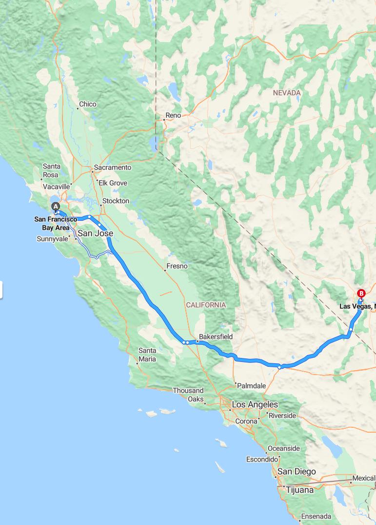 driving from Bay Area, California to Las VegasNevada - map and route
