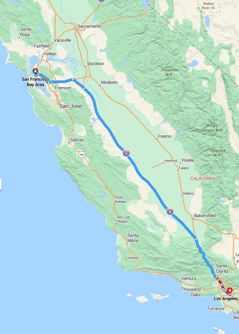 driving from Bay Area, California to Los AngelesCalifornia - map and route