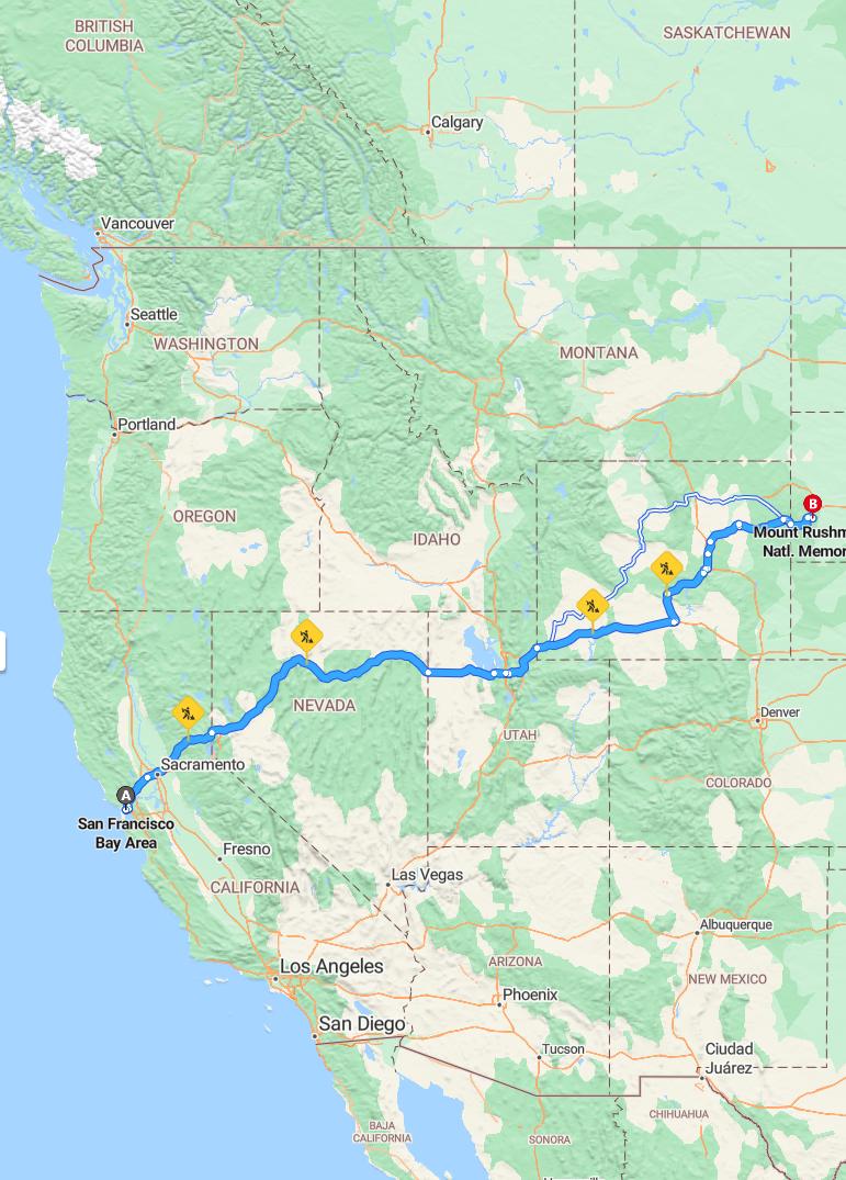 driving from Bay Area, California to Mount RushmoreSouth Dakota - map and route