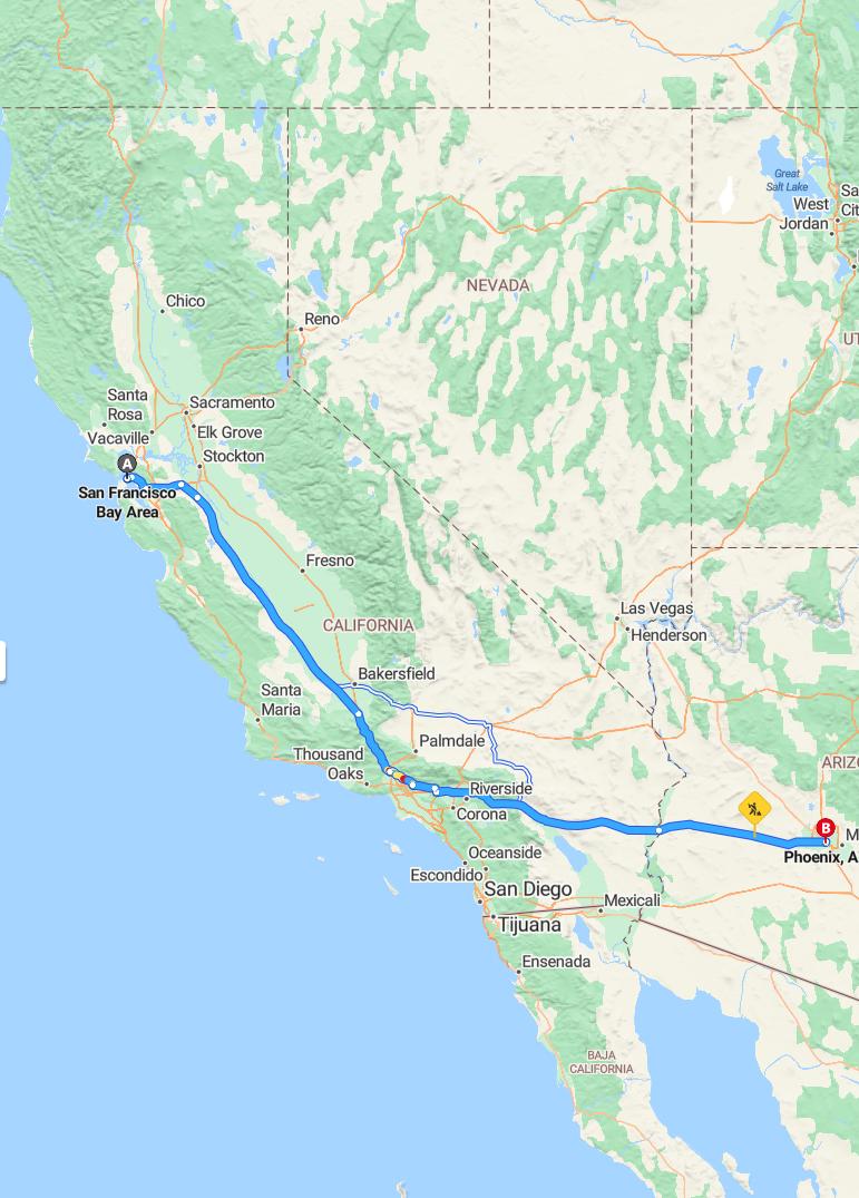 driving from Bay Area, California to PhoenixArizona - map and route