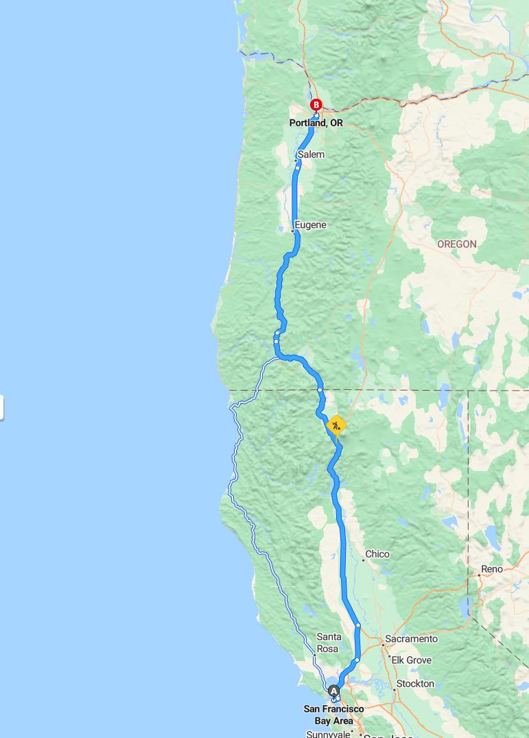 driving from Bay Area, California to PortlandOregon - map and route