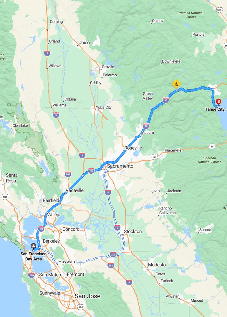 driving from Bay Area, California to TahoeCalifornia - map and route