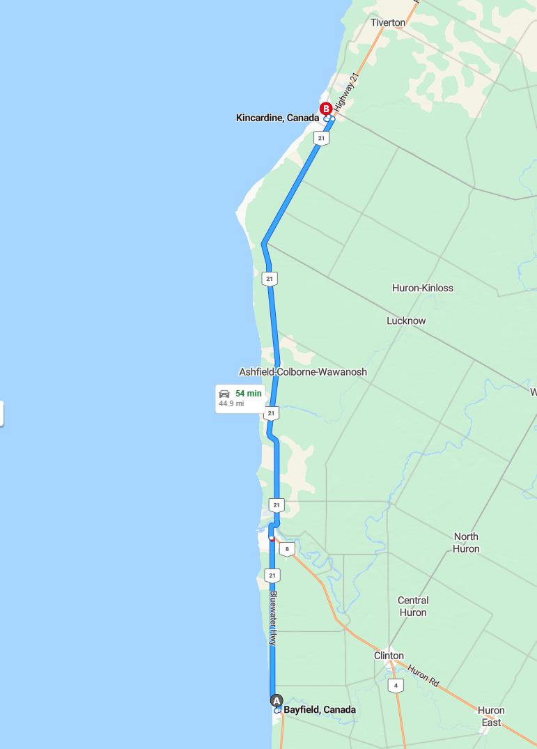driving from Bayfield, Ontario to KincardineOntario - map and route