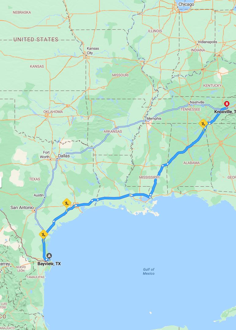driving from Bayview, Texas to KnoxvilleTennessee - map and route