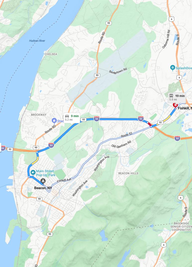 driving from Beacon, New York to FishkillNew York - map and route