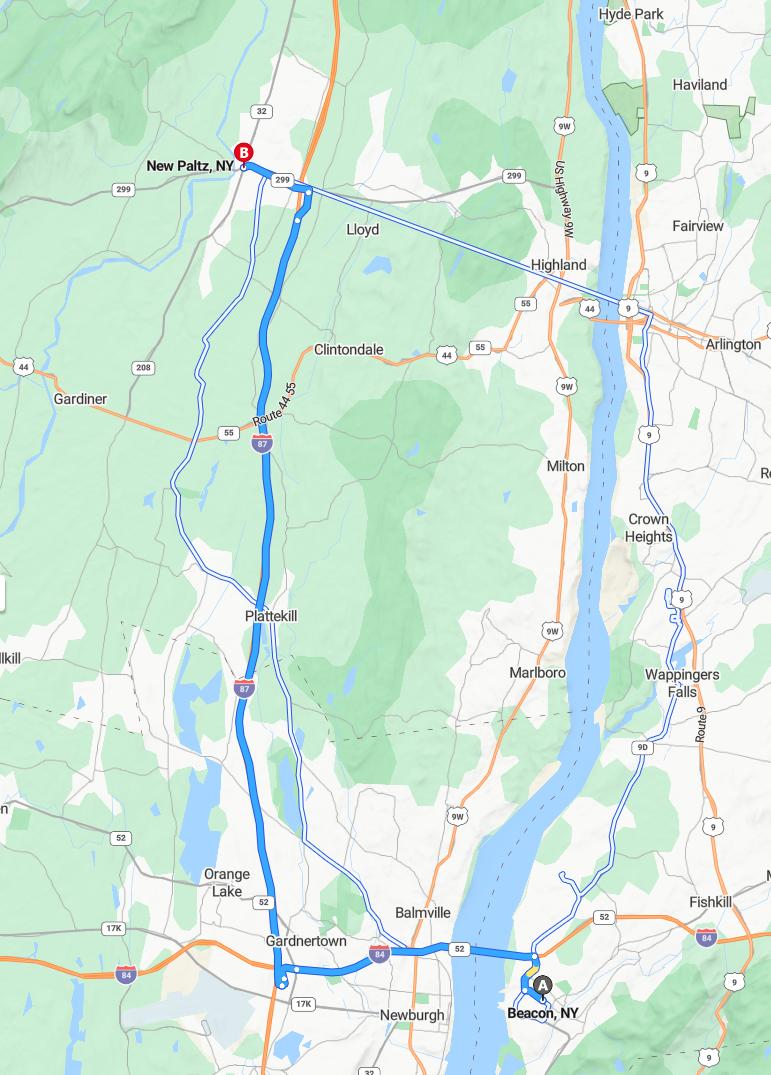 driving from Beacon, New York to New PaltzNew York - map and route