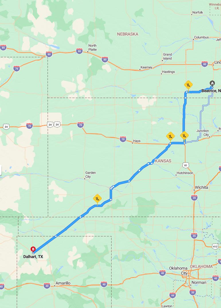 driving from Beatrice, Nebraska to DalhartTexas - map and route