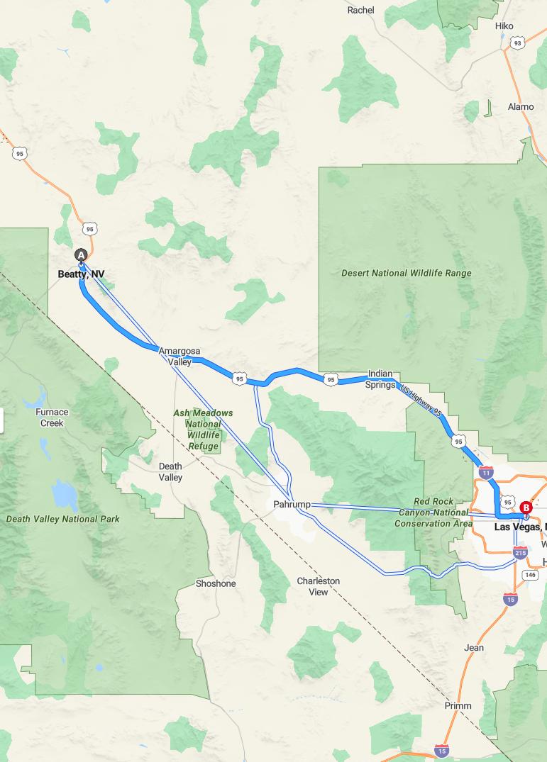 driving from Beatty, Nevada to Las VegasNevada - map and route
