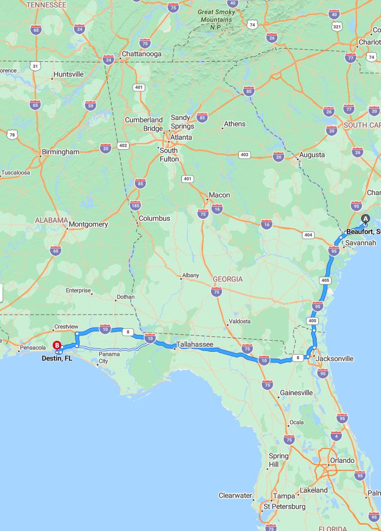 driving from Beaufort, South Carolina to DestinFlorida - map and route