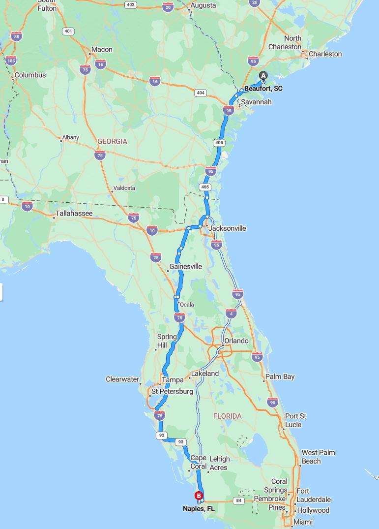 driving from Beaufort, South Carolina to NaplesFlorida - map and route