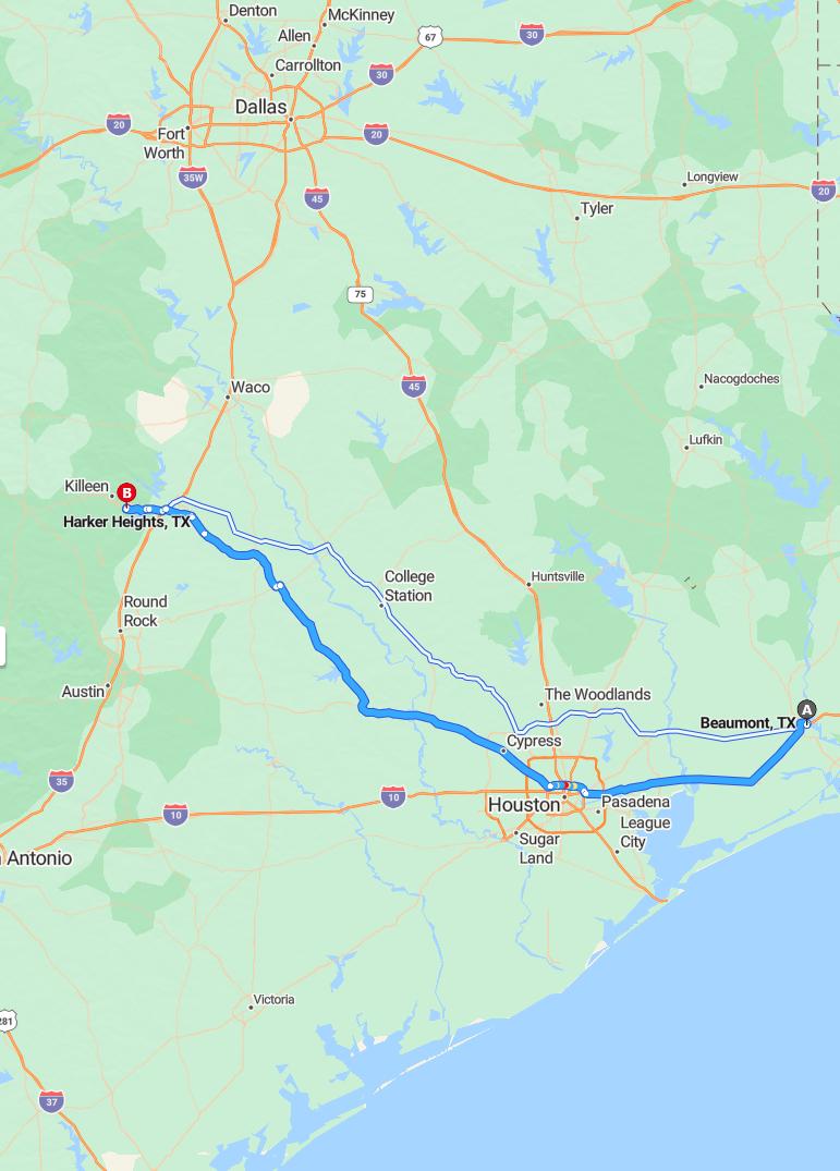 driving from Beaumont, Texas to Harker HeightsTexas - map and route