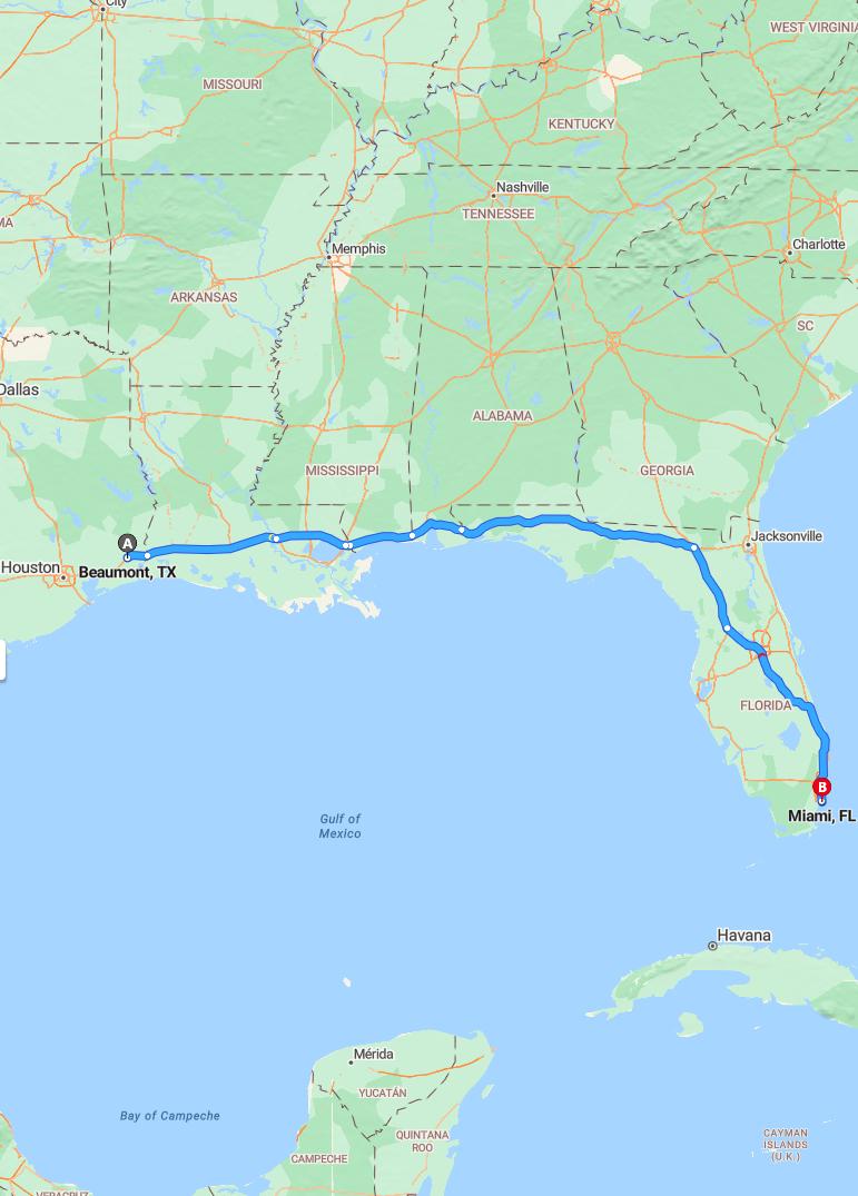 driving from Beaumont, Texas to MiamiFlorida - map and route