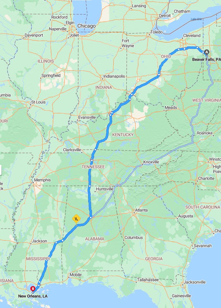 driving from Beaver Falls, Pennsylvania to New OrleansLouisiana - map and route