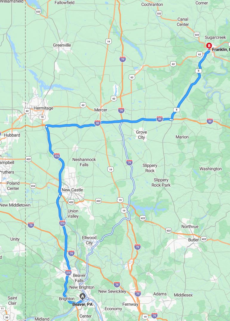 driving from Beaver, Pennsylvania to FranklinPennsylvania - map and route