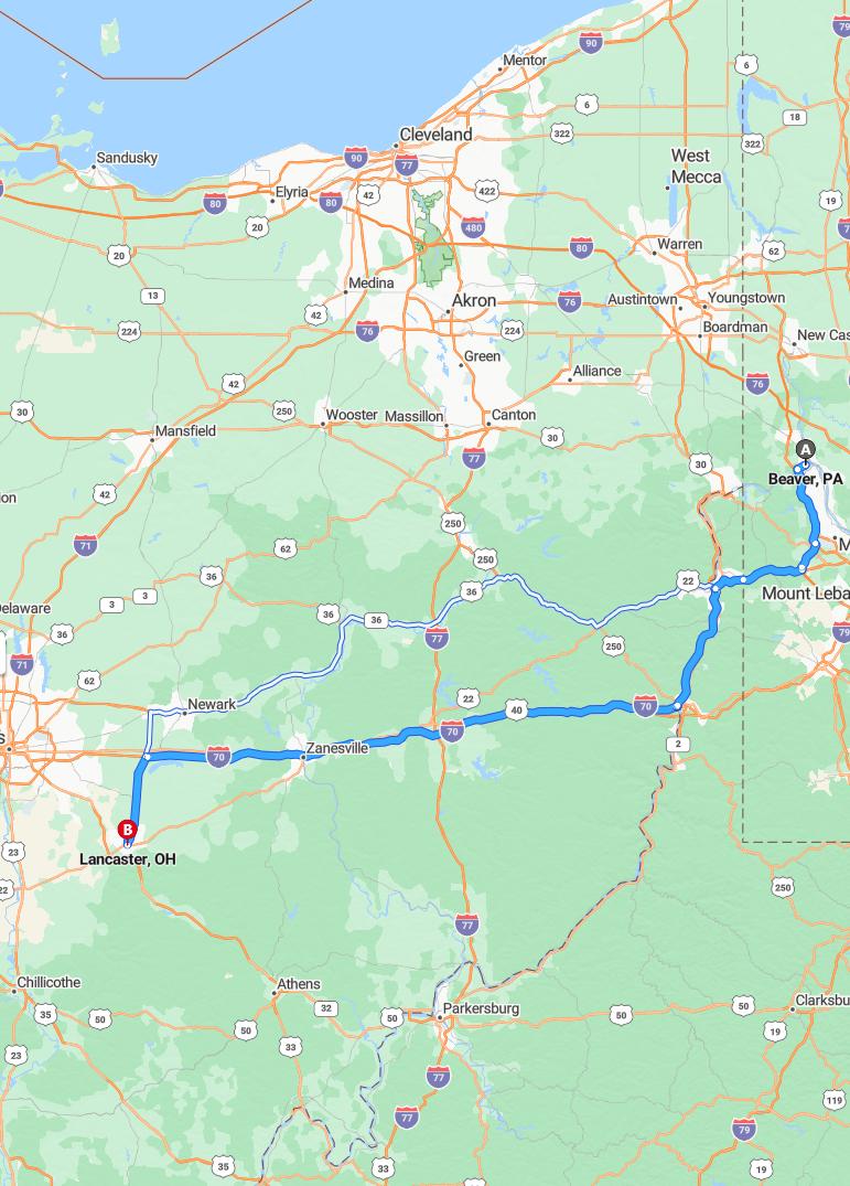driving from Beaver, Pennsylvania to LancasterOhio - map and route