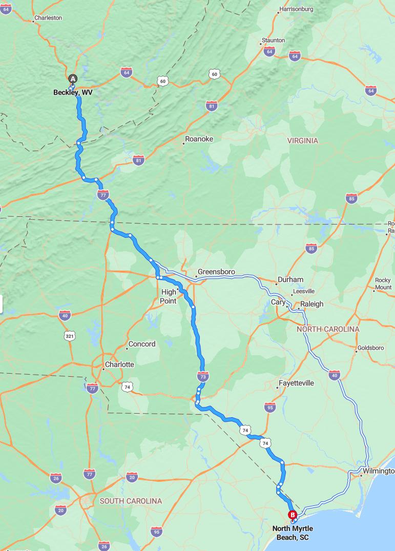 driving from Beckley, West Virginia to North Myrtle BeachSouth Carolina - map and route