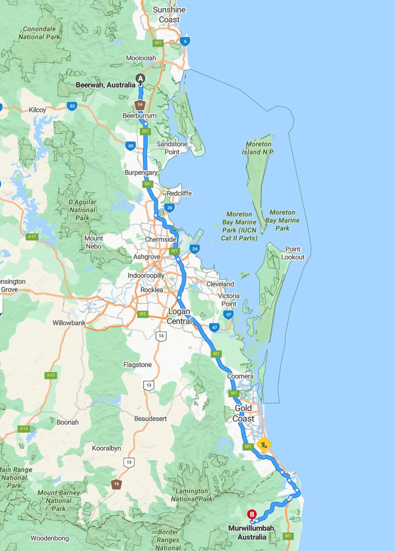 driving from Beerwah, Queensland to MurwillumbahNew South Wales - map and route