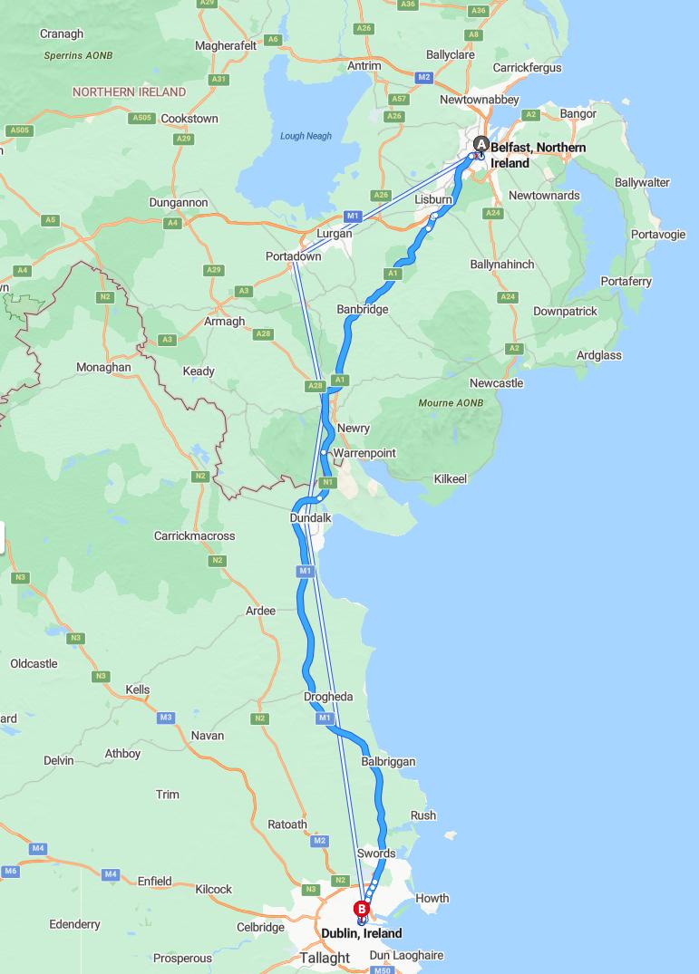 driving from Belfast, Northern Ireland to DublinIreland - map and route