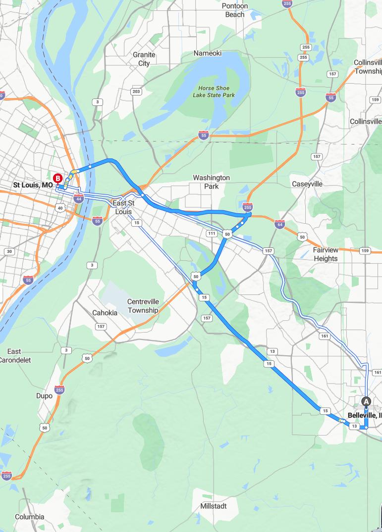 driving from Belleville, Illinois to Saint LouisMissouri - map and route