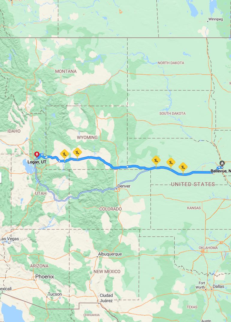 driving from Bellevue, Nebraska to LoganUtah - map and route