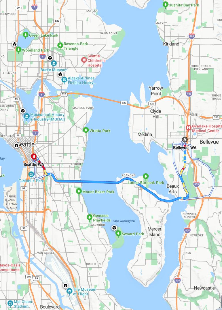 driving from Bellevue, Washington to SeattleWashington - map and route