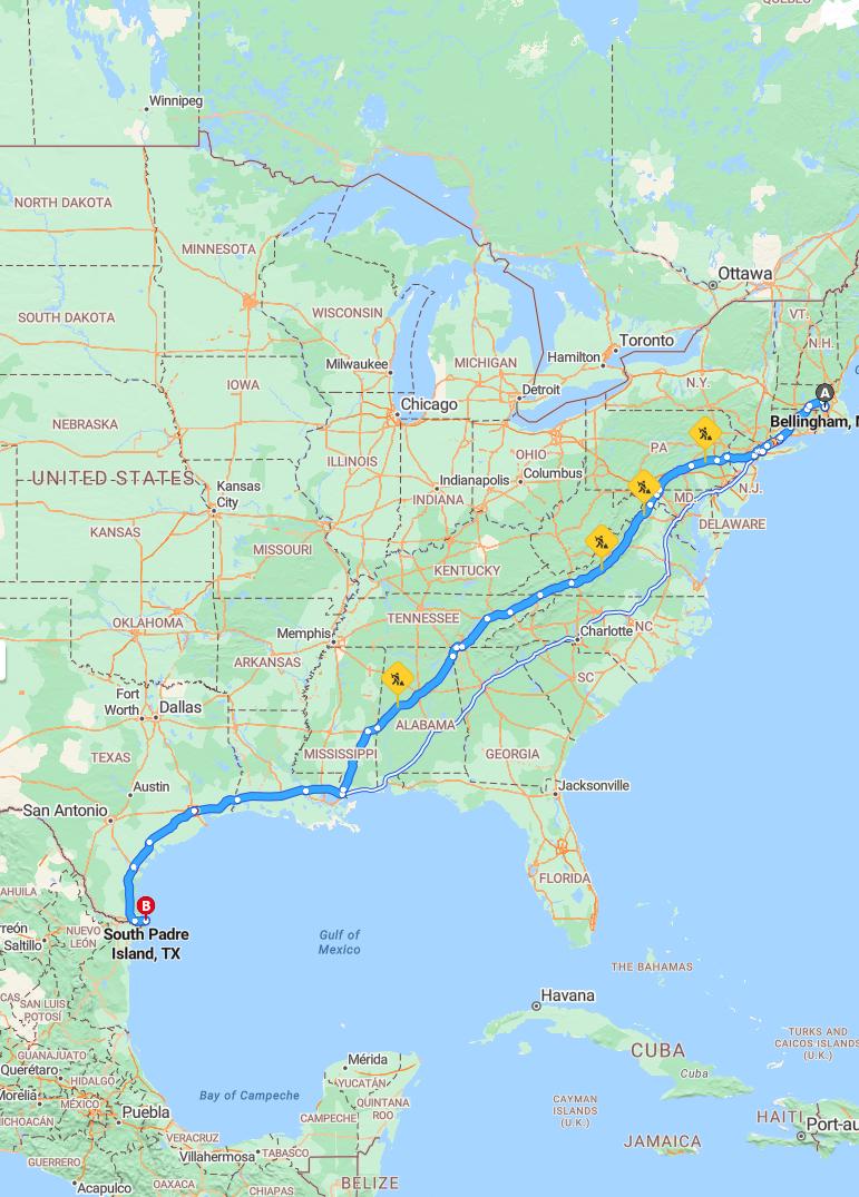 driving from Bellingham, Massachusetts to South Padre IslandTexas - map and route