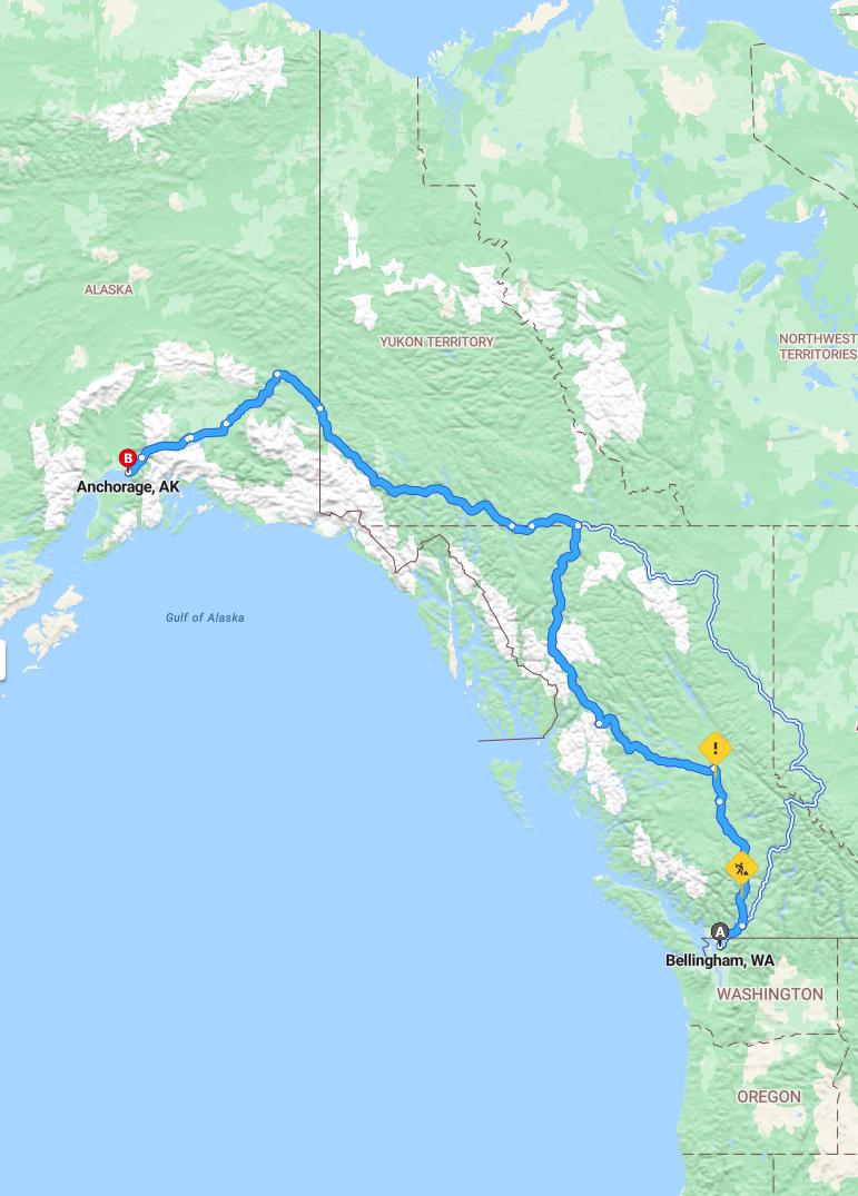driving from Bellingham, Washington to AnchorageAlaska - map and route