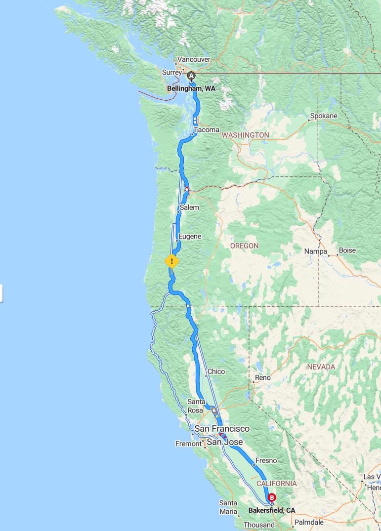 driving from Bellingham, Washington to BakersfieldCalifornia - map and route