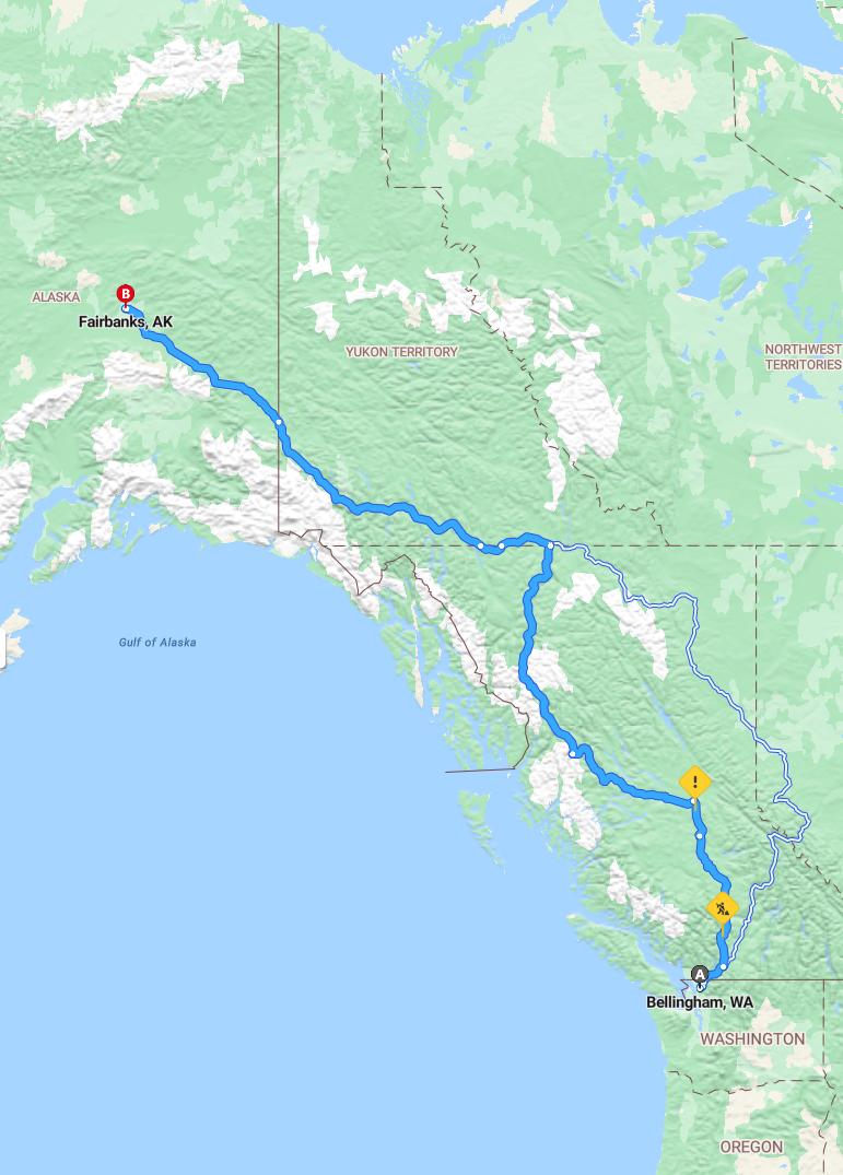 driving from Bellingham, Washington to FairbanksAlaska - map and route