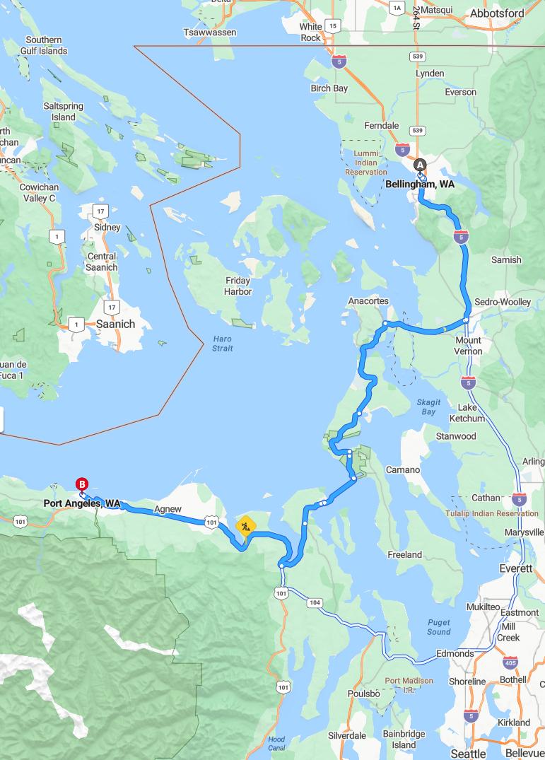 driving from Bellingham, Washington to Port AngelesWashington - map and route