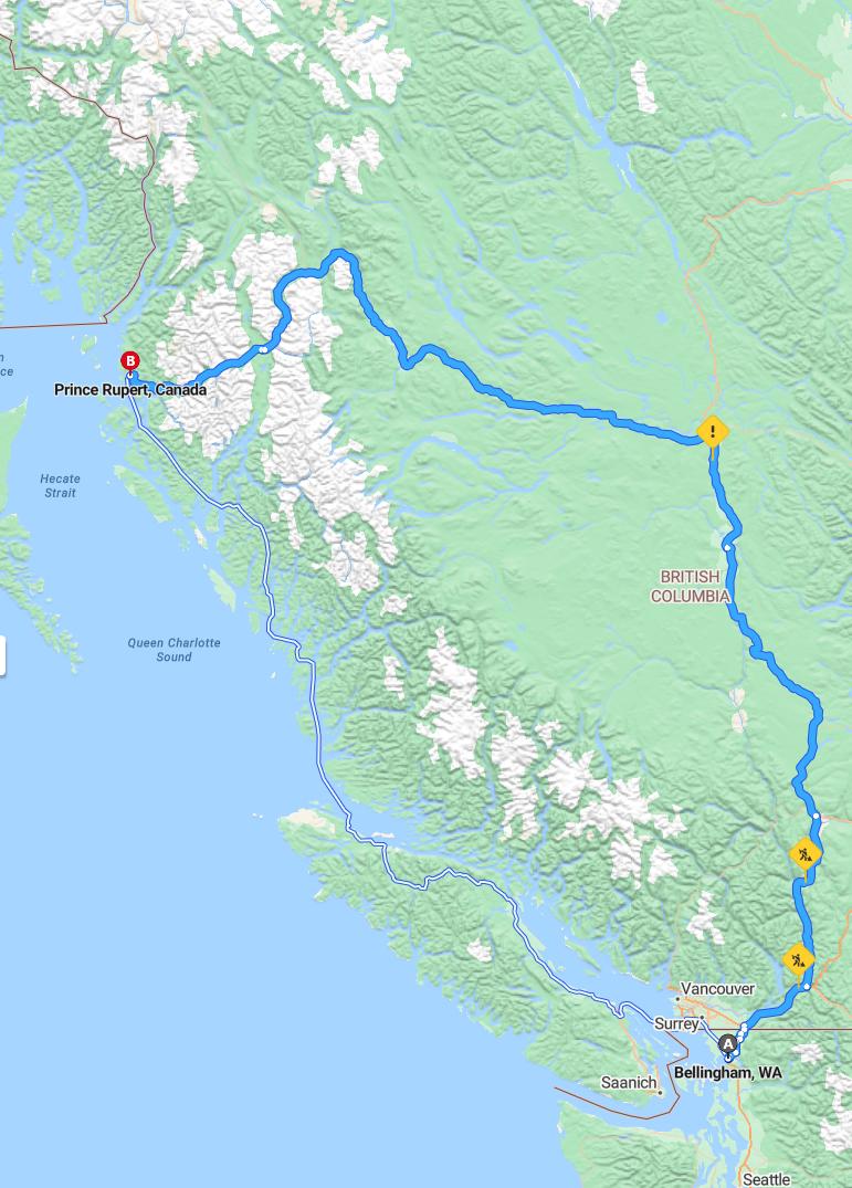 driving from Bellingham, Washington to Prince RupertBritish Columbia - map and route