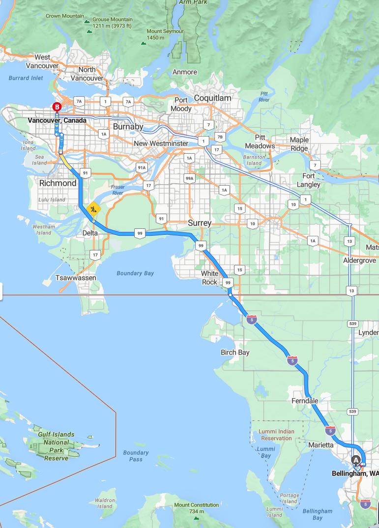 driving from Bellingham, Washington to VancouverBritish Columbia - map and route