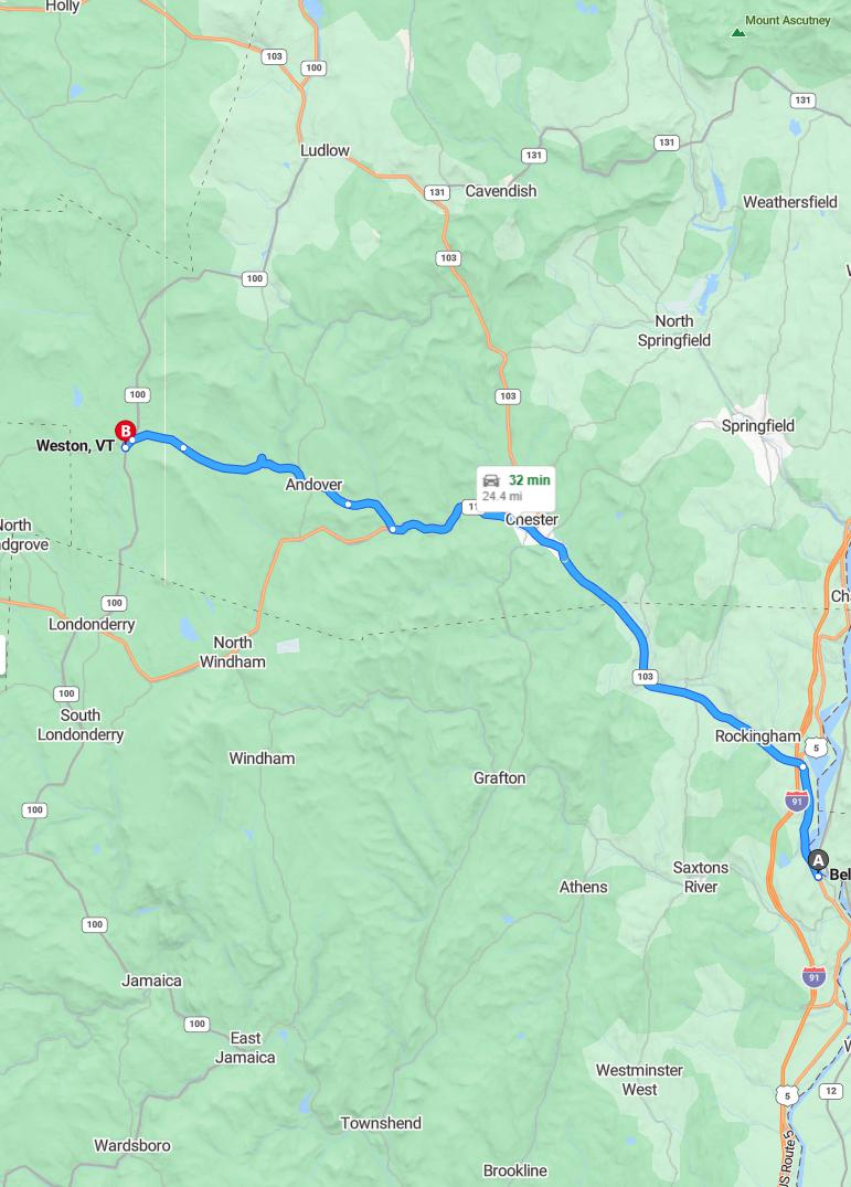 driving from Bellows Falls, Vermont to WestonVermont - map and route