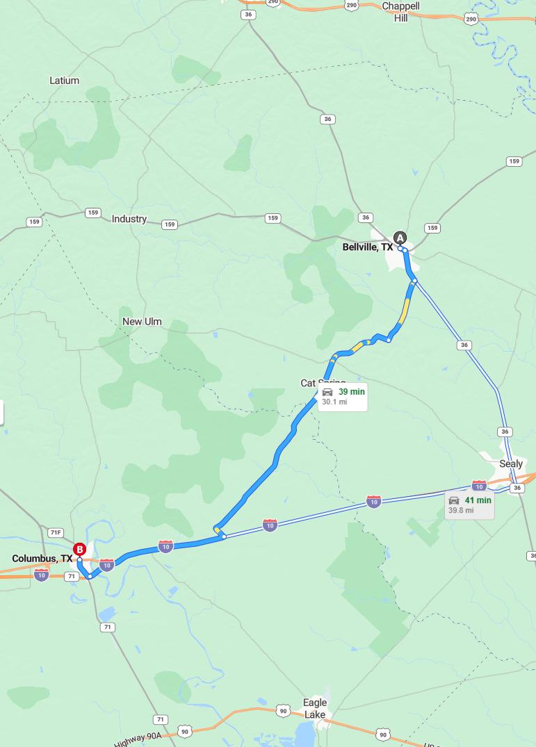 driving from Bellville, Texas to ColumbusTexas - map and route