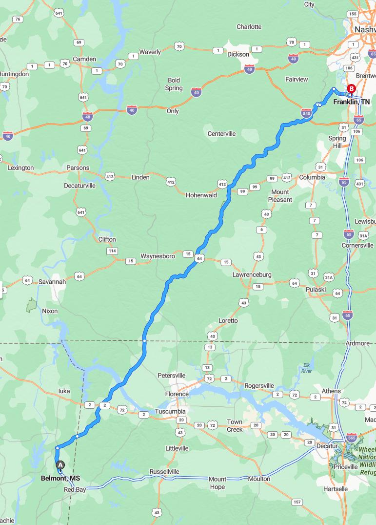 driving from Belmont, Mississippi to FranklinTennessee - map and route