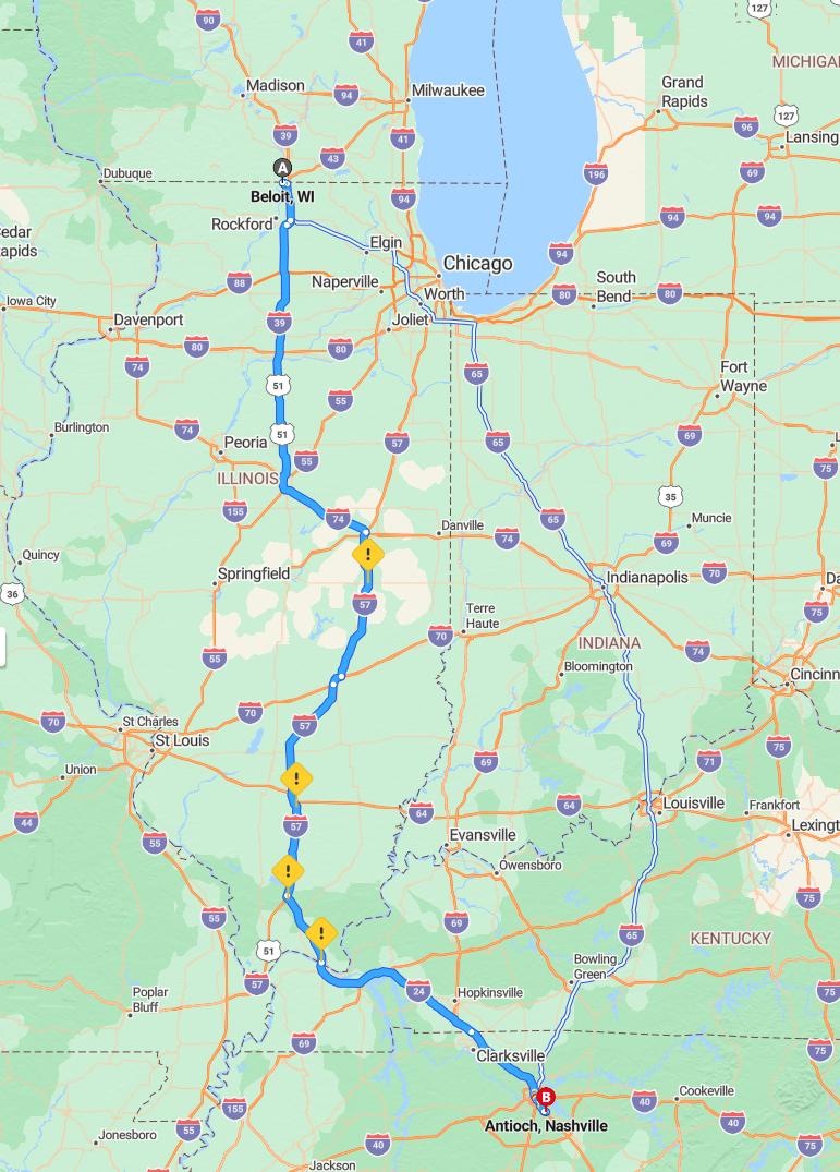 driving from Beloit, Wisconsin to AntiochTennessee - map and route