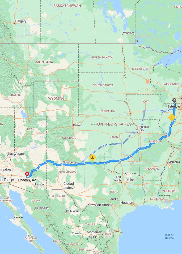 driving from Beloit, Wisconsin to PhoenixArizona - map and route