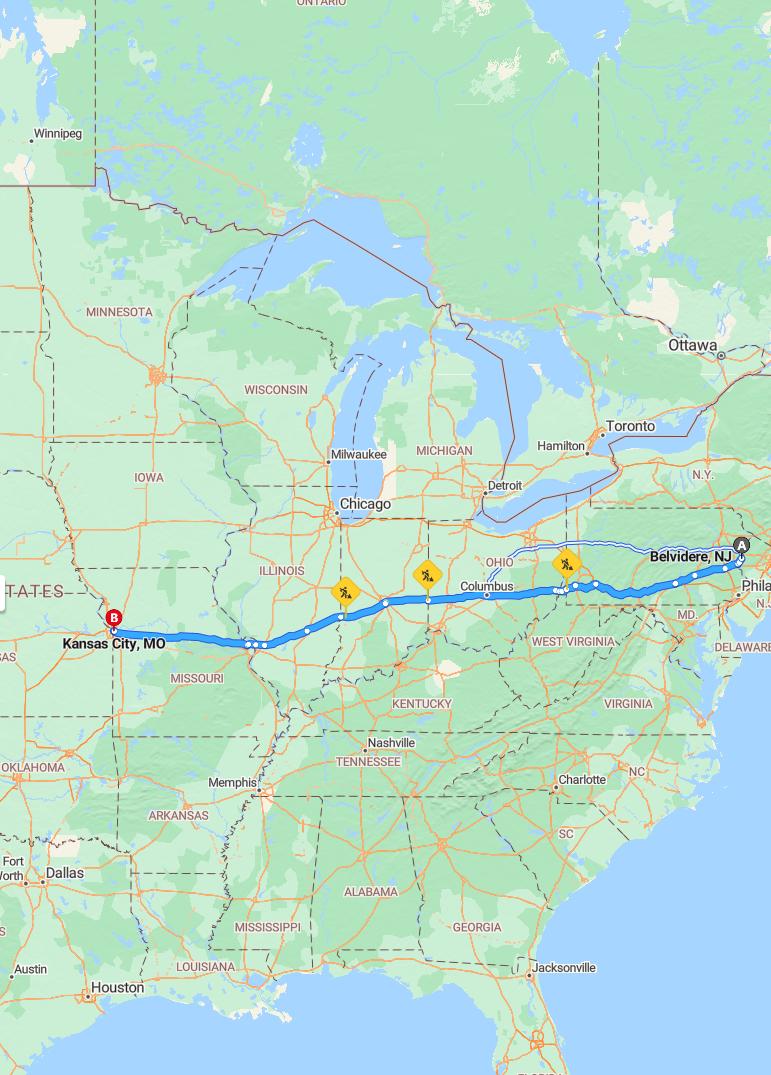 driving from Belvidere, New Jersey to Kansas CityMissouri - map and route
