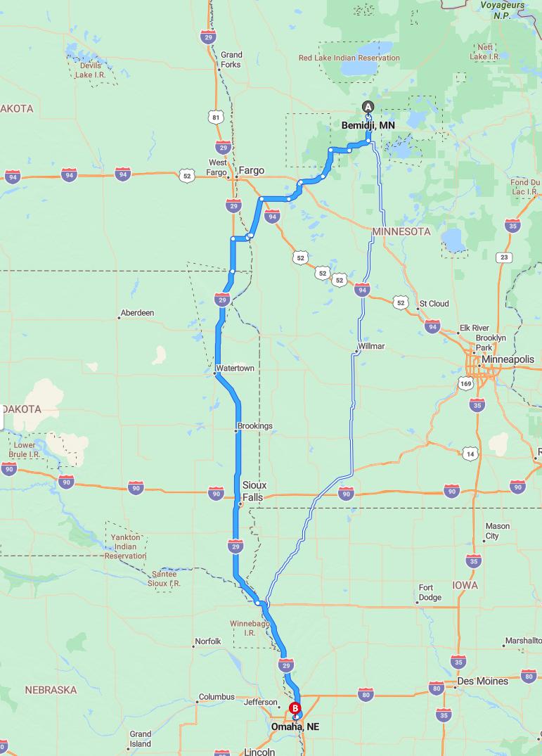 driving from Bemidji, Minnesota to OmahaNebraska - map and route