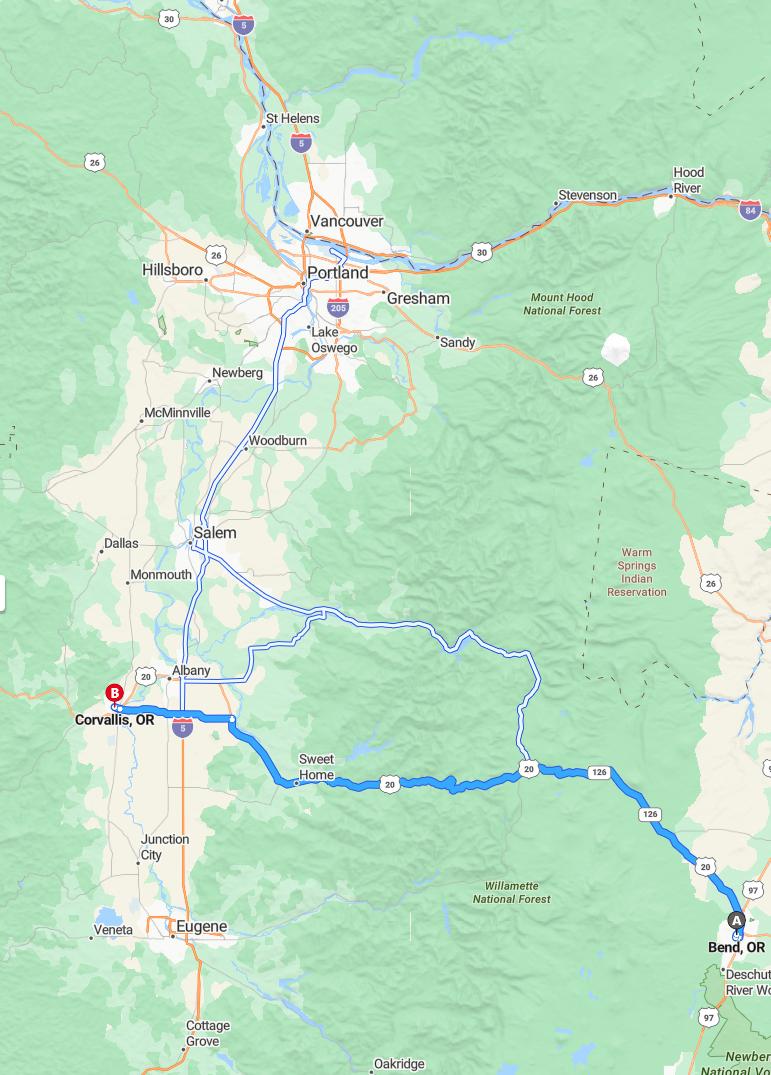 driving from Bend, Oregon to CorvallisOregon - map and route